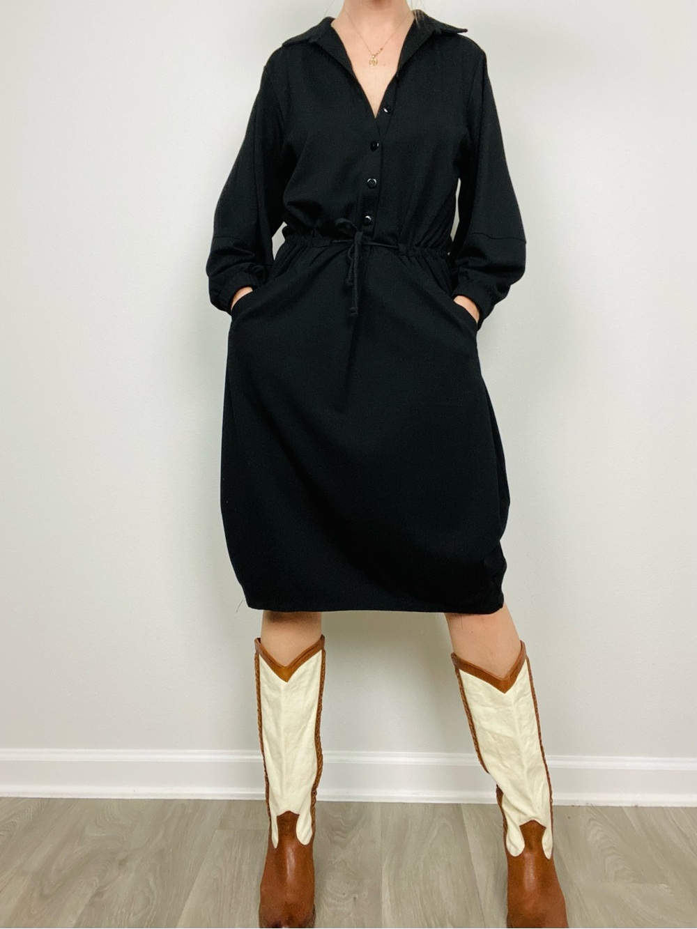 Alembika Black Heavy Knit Jersey Cocoon Midi Shirt Dress Drawstring Pockets